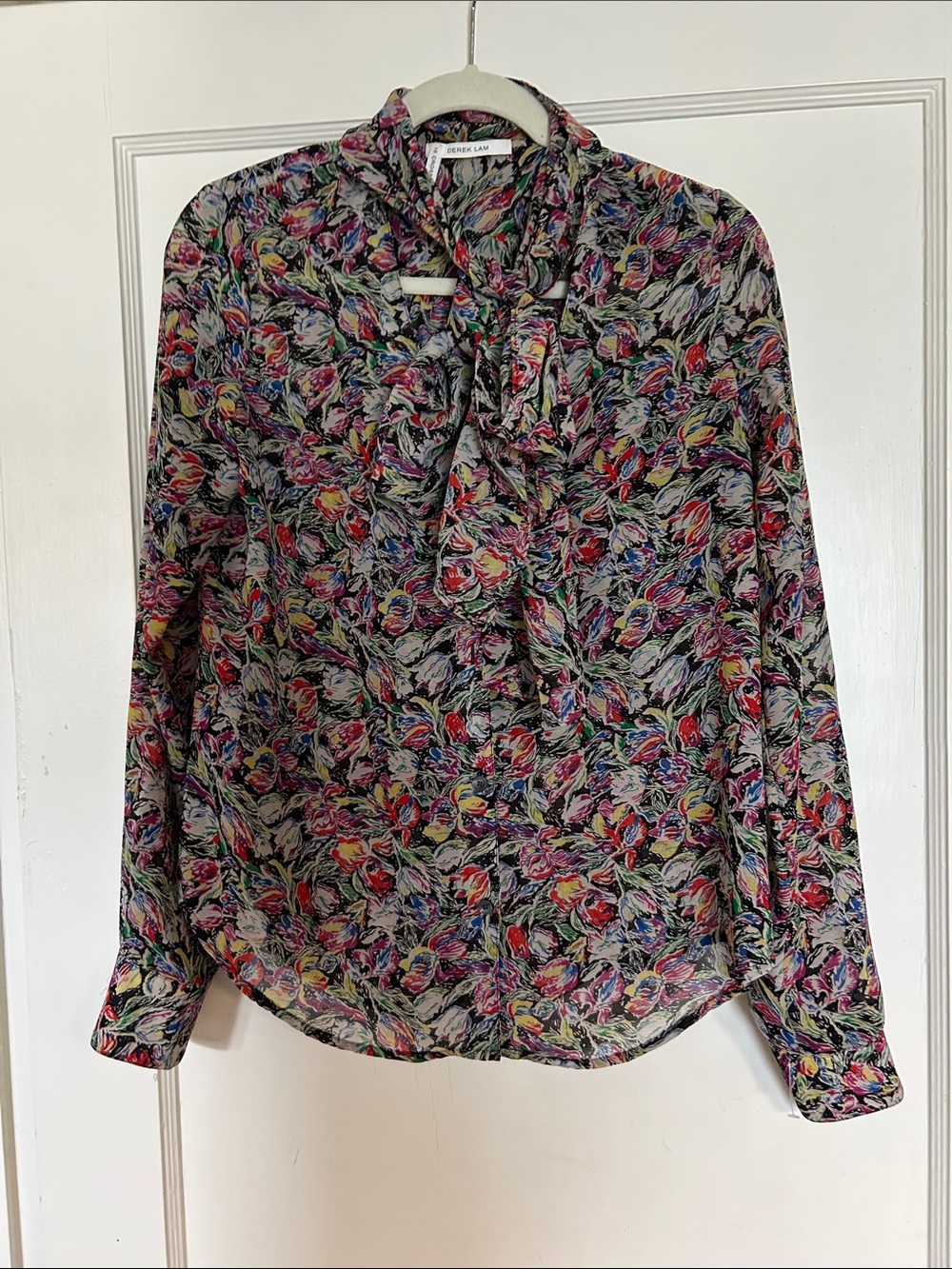 Derek Lam Black Multi-Color Floral Tie-Neck Blouse
